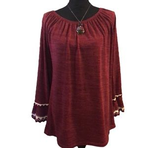 WINWIN BELL SLEEVE WITH DOUBLE LACE DETAILS BOHO TUNIC TOP RED SIZE MEDIUM